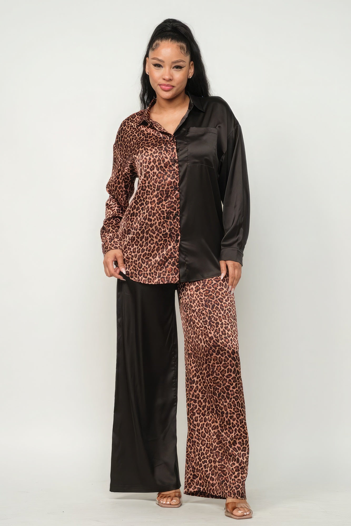 Half Animal Print And Half Solid Top And Pants Set-Product Type | Naughty Smile Fashion