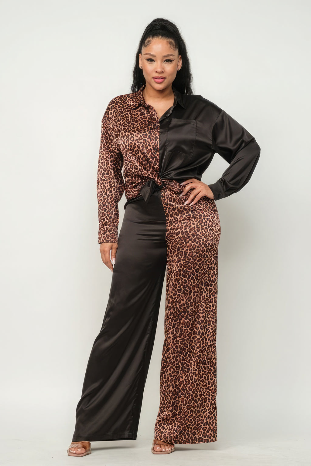 Half Animal Print And Half Solid Top And Pants Set-Product Type | Naughty Smile Fashion