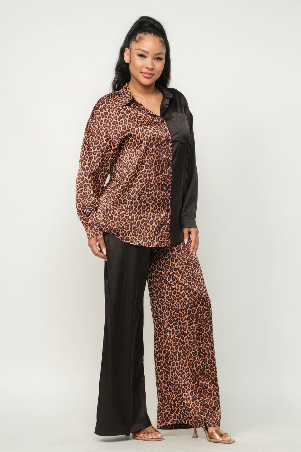 Half Animal Print And Half Solid Top And Pants Set-Product Type | Naughty Smile Fashion