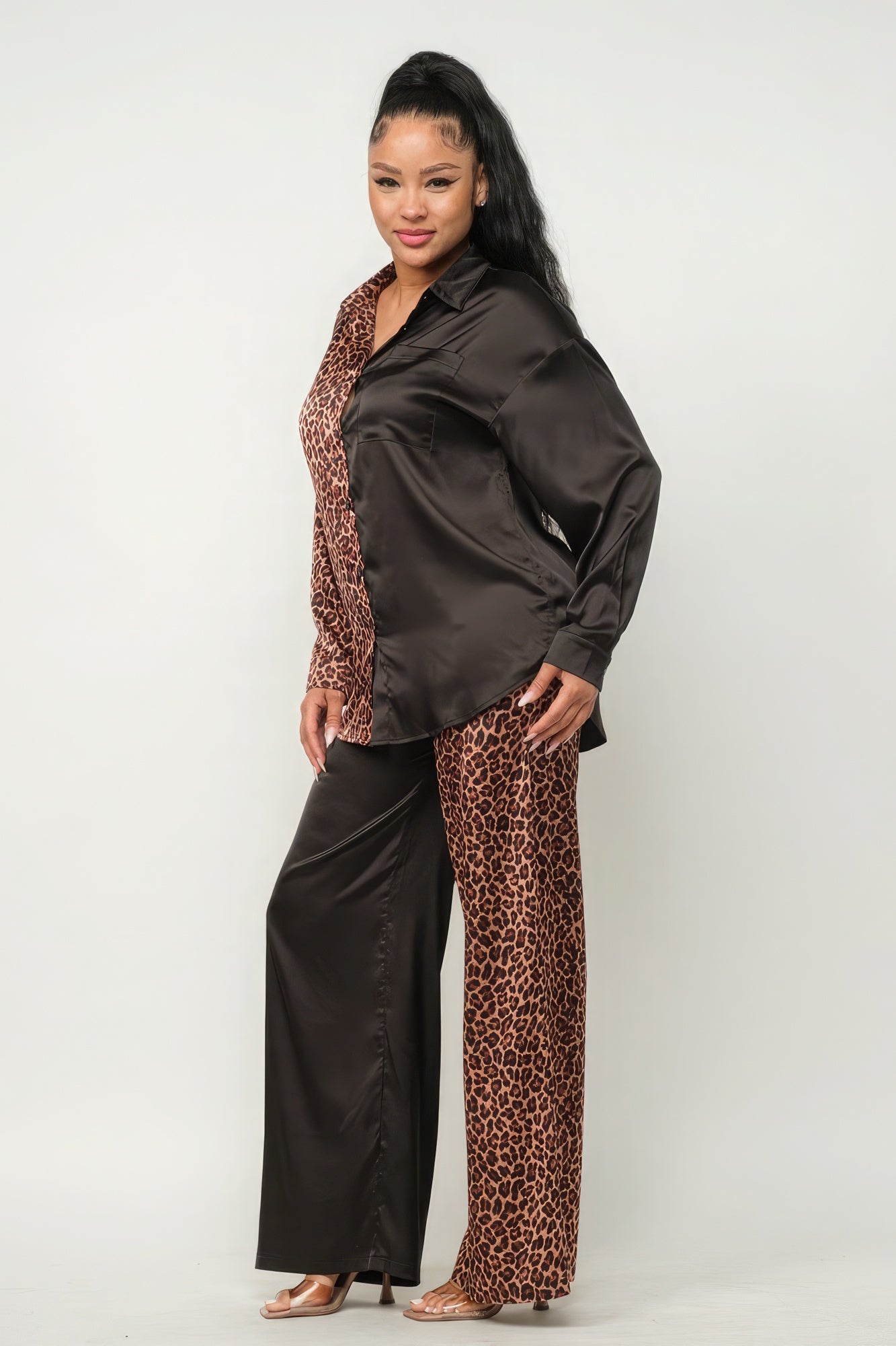 Half Animal Print And Half Solid Top And Pants Set-Product Type | Naughty Smile Fashion