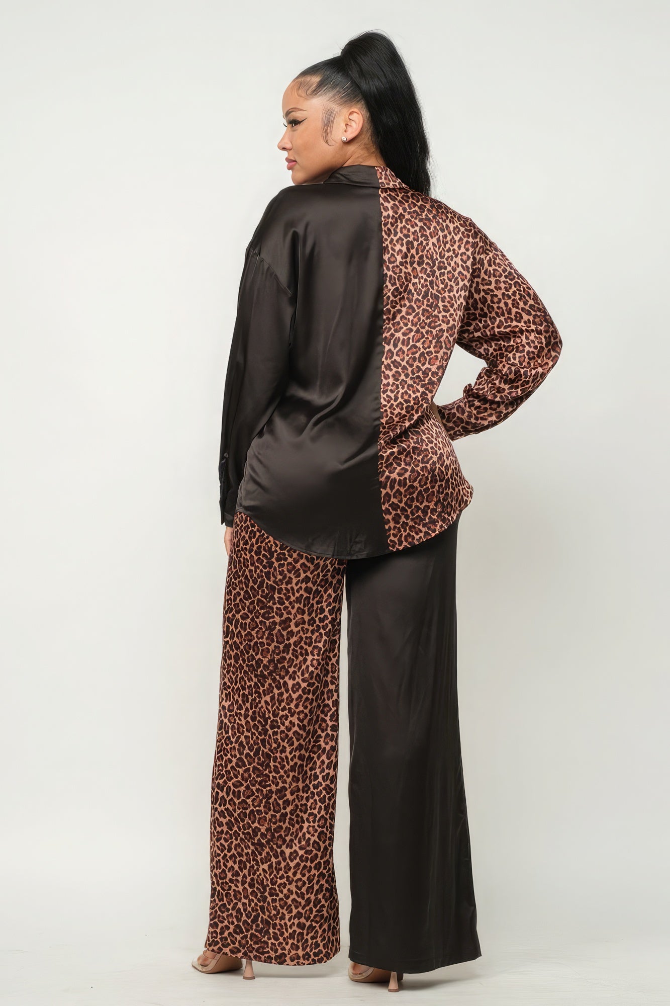 Half Animal Print And Half Solid Top And Pants Set-Product Type | Naughty Smile Fashion