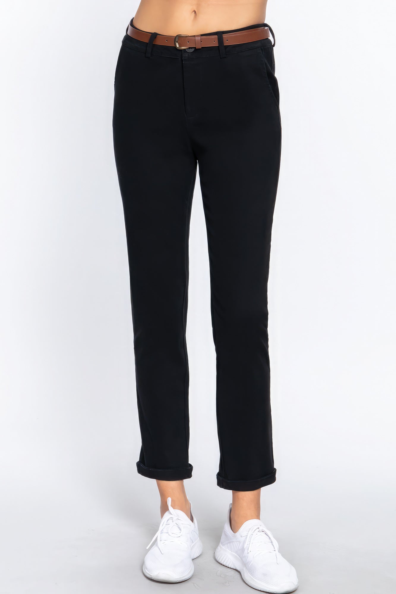 Cotton-span Twill Belted Long Pants – black, fashion, women style
