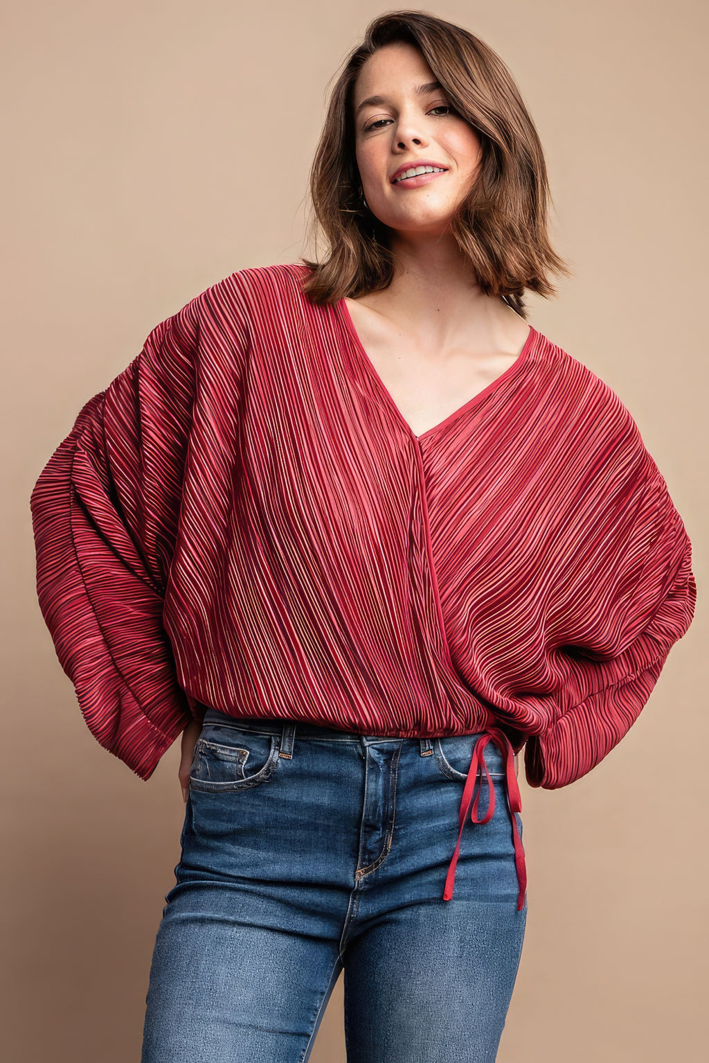 Satin Pleated Drawstring Top With Snap Button-Product Type | Naughty Smile Fashion