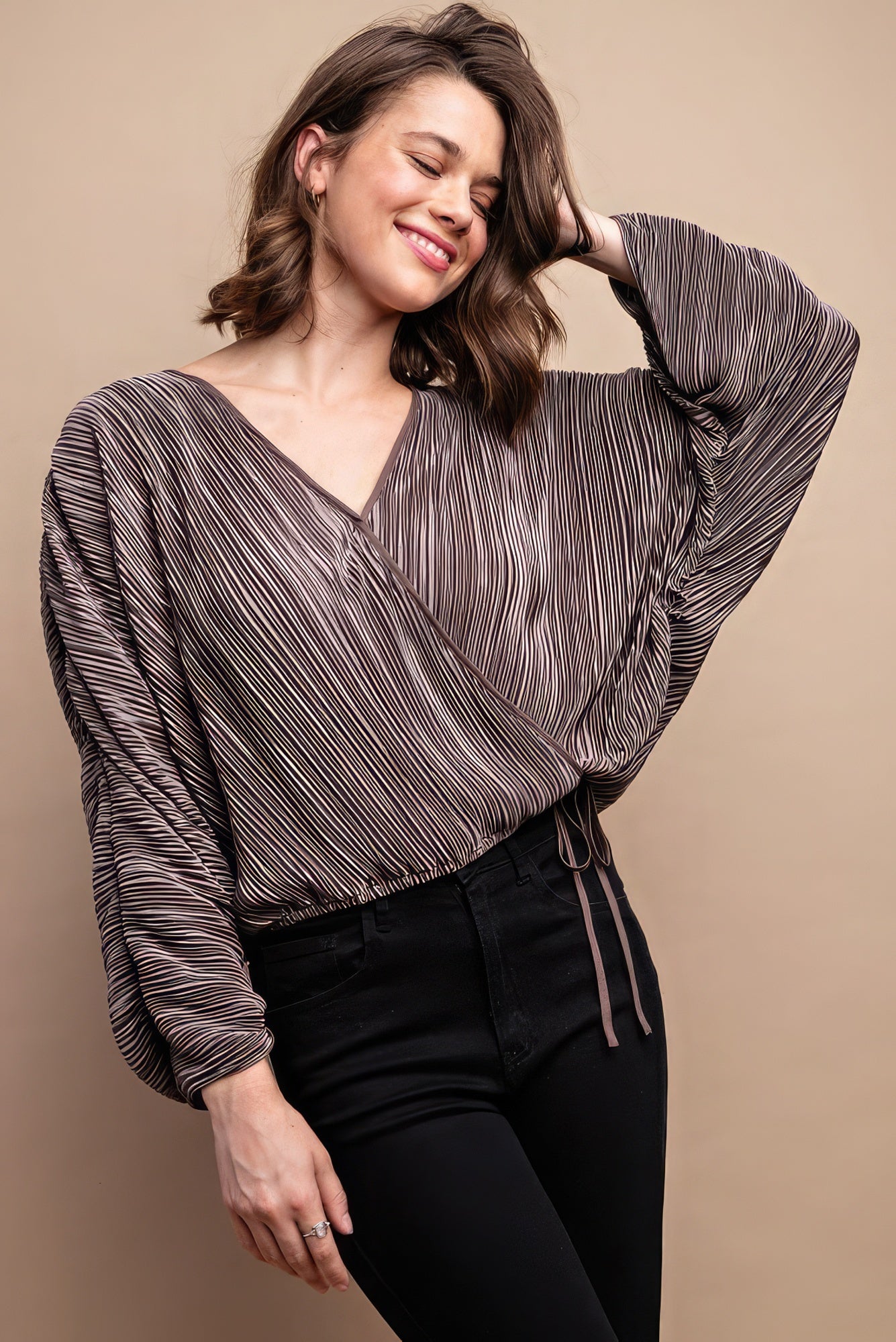 Satin Pleated Drawstring Top With Snap Button-Product Type | Naughty Smile Fashion