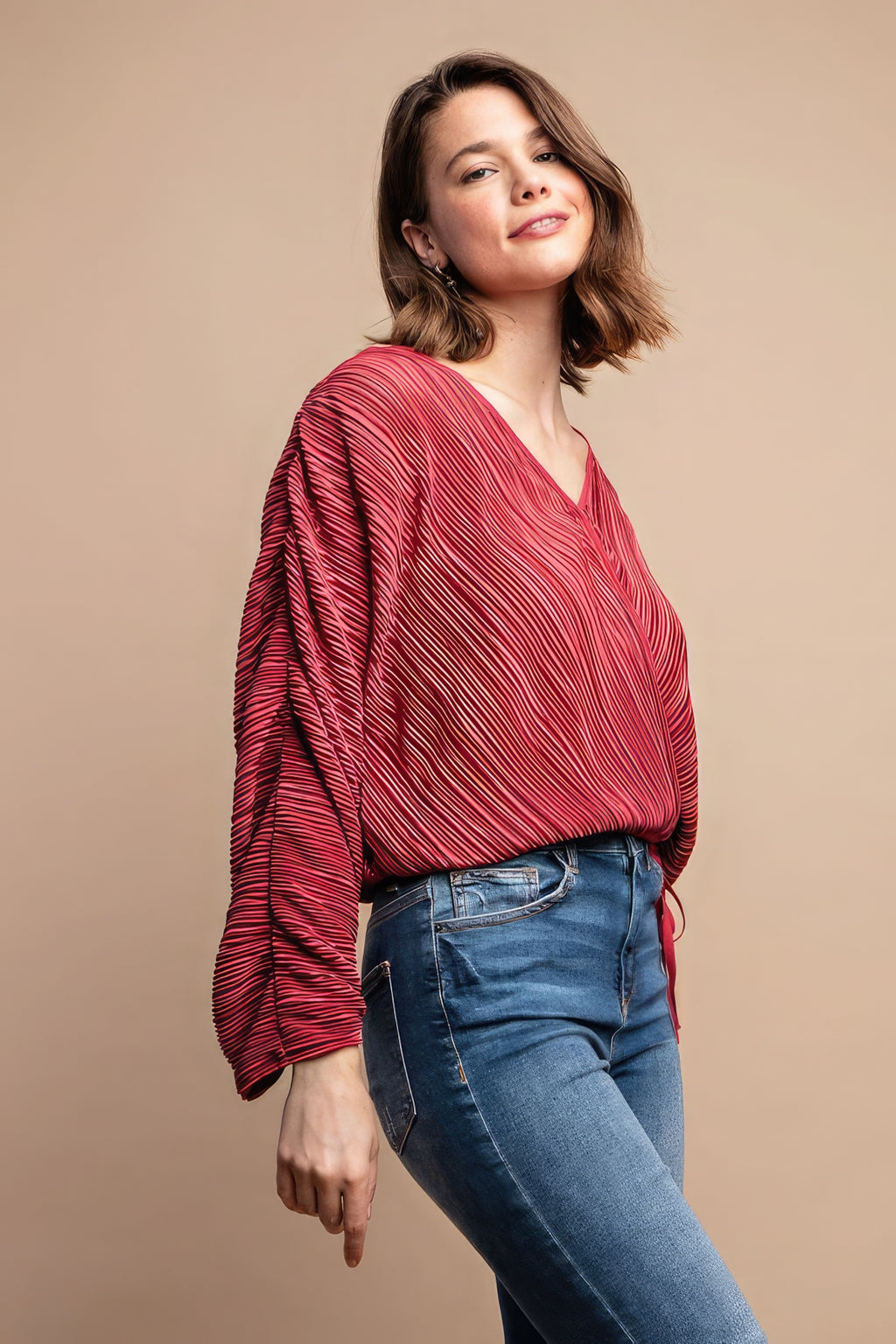 Satin Pleated Drawstring Top With Snap Button-Product Type | Naughty Smile Fashion
