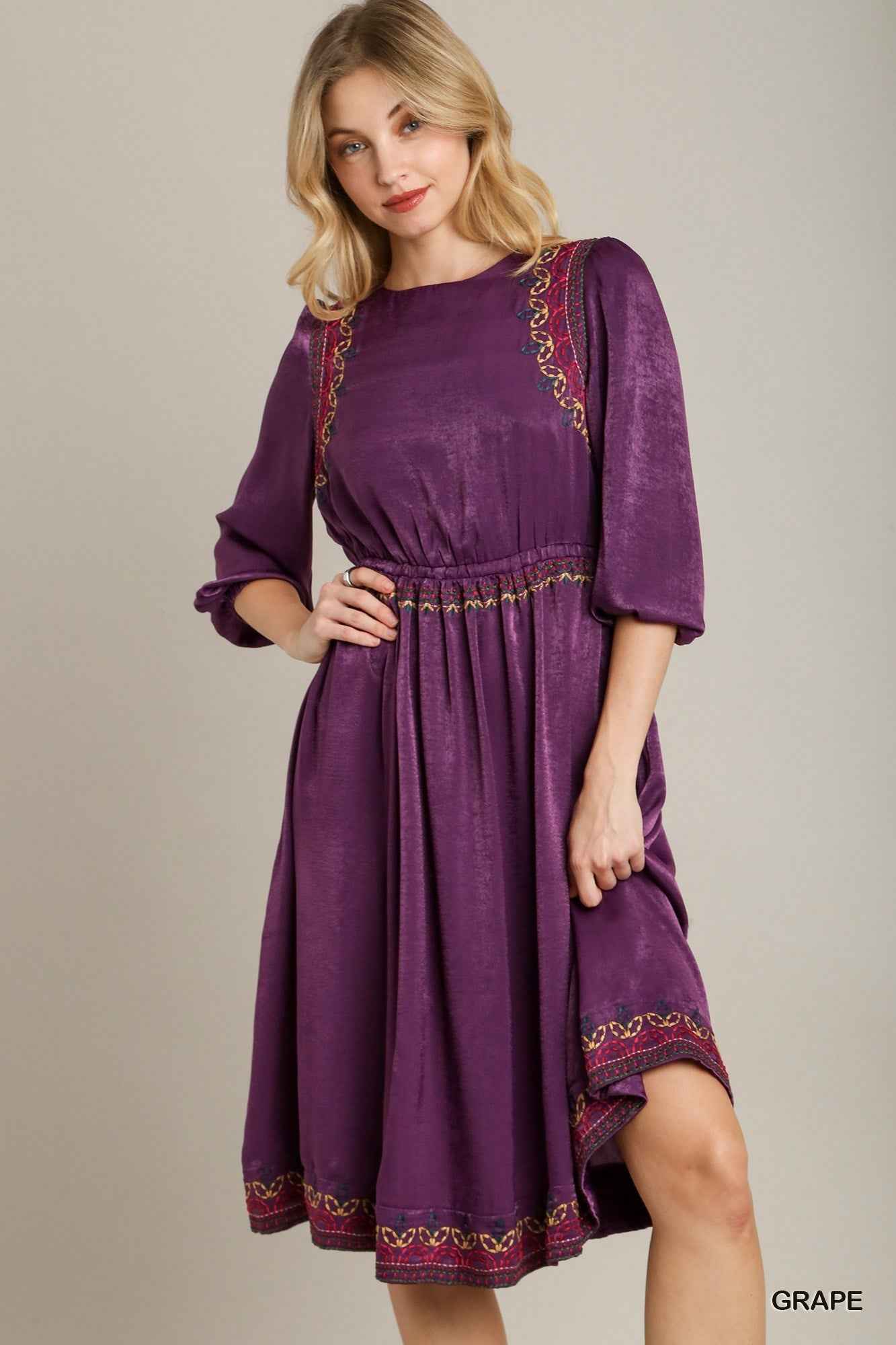Satin Round Neck Embroidery Midi Dress - Naughty Smile Fashion