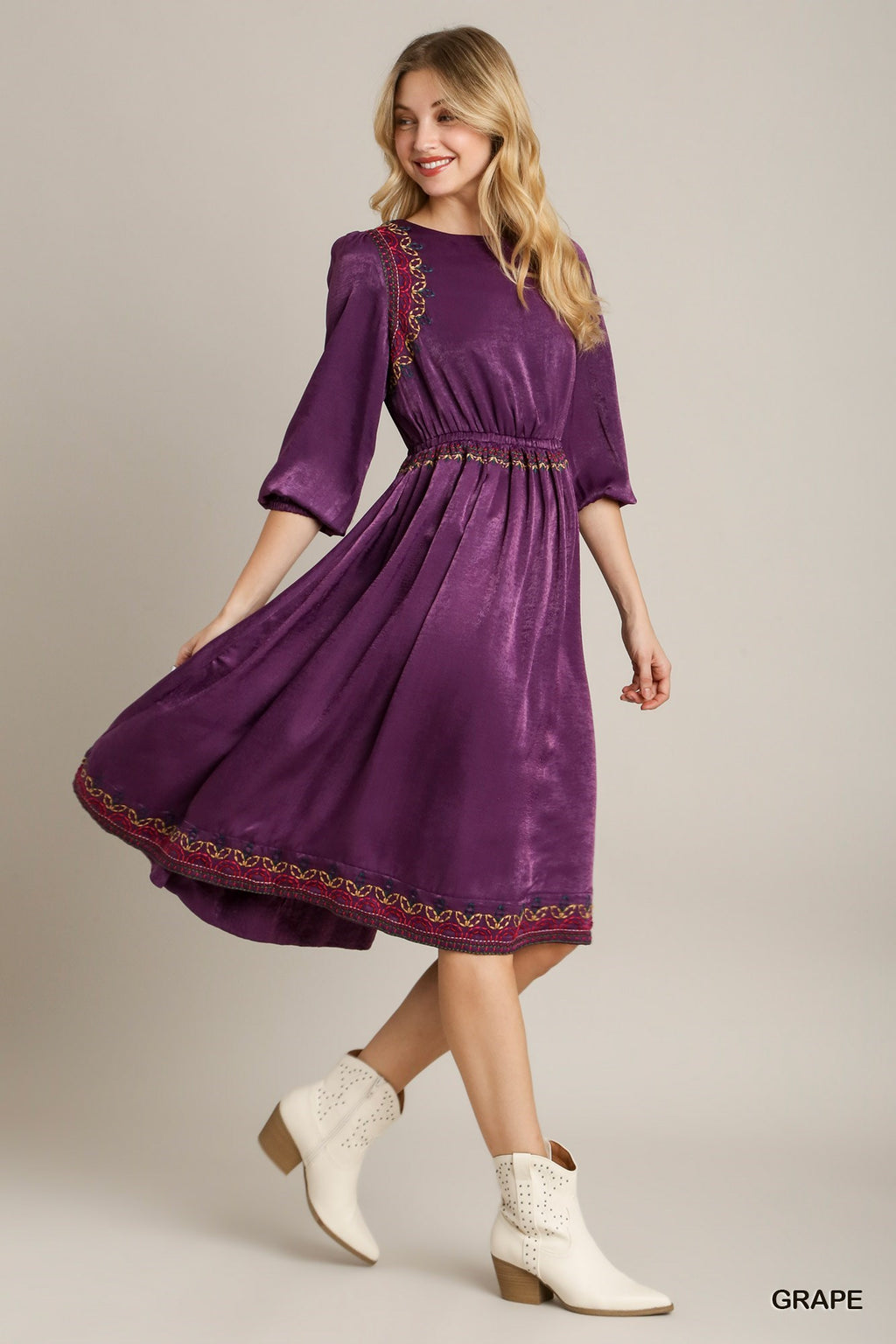Satin Round Neck Embroidery Midi Dress-Product Type | Naughty Smile Fashion