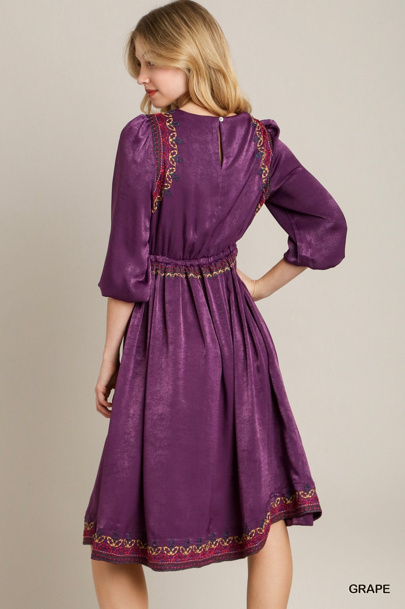 Satin Round Neck Embroidery Midi Dress-Product Type | Naughty Smile Fashion