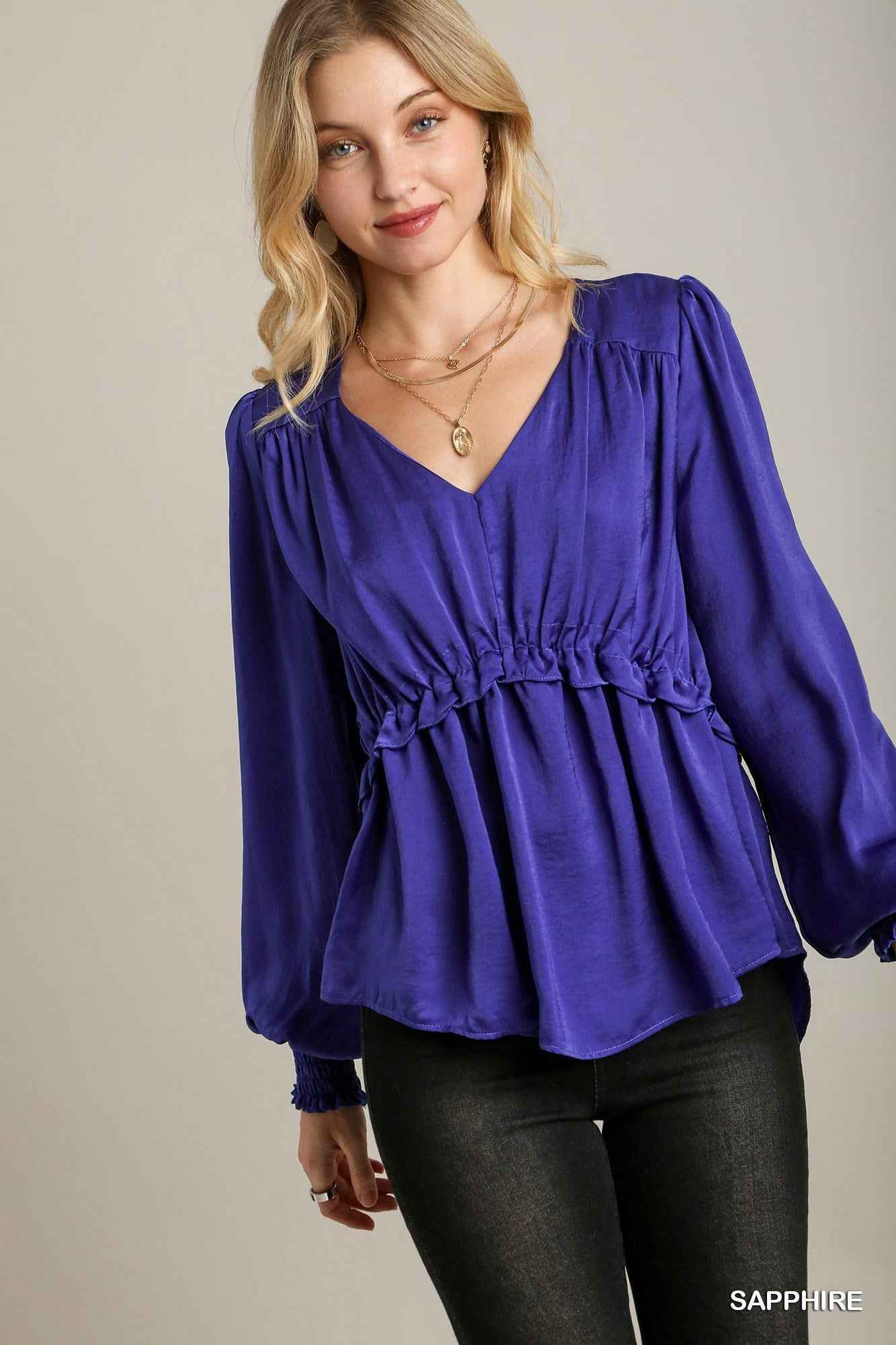 Sale - Satin V-neck Ruffle Baby Doll Top With Cuffed Long Sleeve – On Sale Now