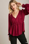 Satin V-neck Ruffle Baby Doll Top With Cuffed Long Sleeve-Product Type | Naughty Smile Fashion