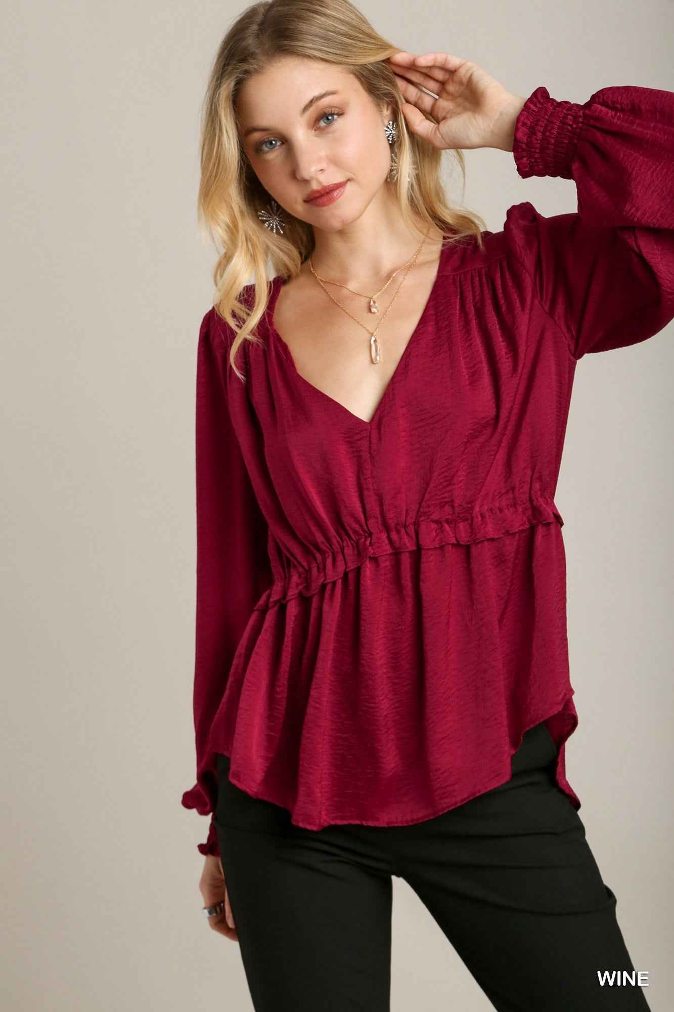 Sale - Satin V-neck Ruffle Baby Doll Top With Cuffed Long Sleeve – On Sale Now