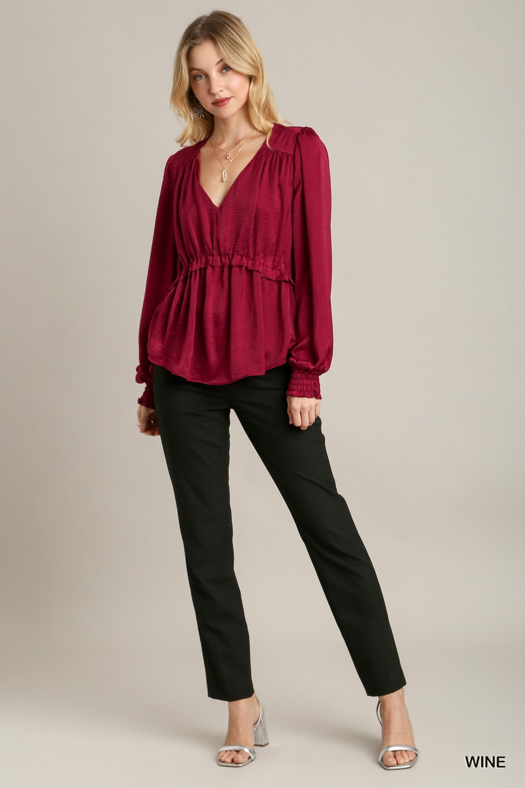 Satin V-neck Ruffle Baby Doll Top With Cuffed Long Sleeve-Product Type | Naughty Smile Fashion
