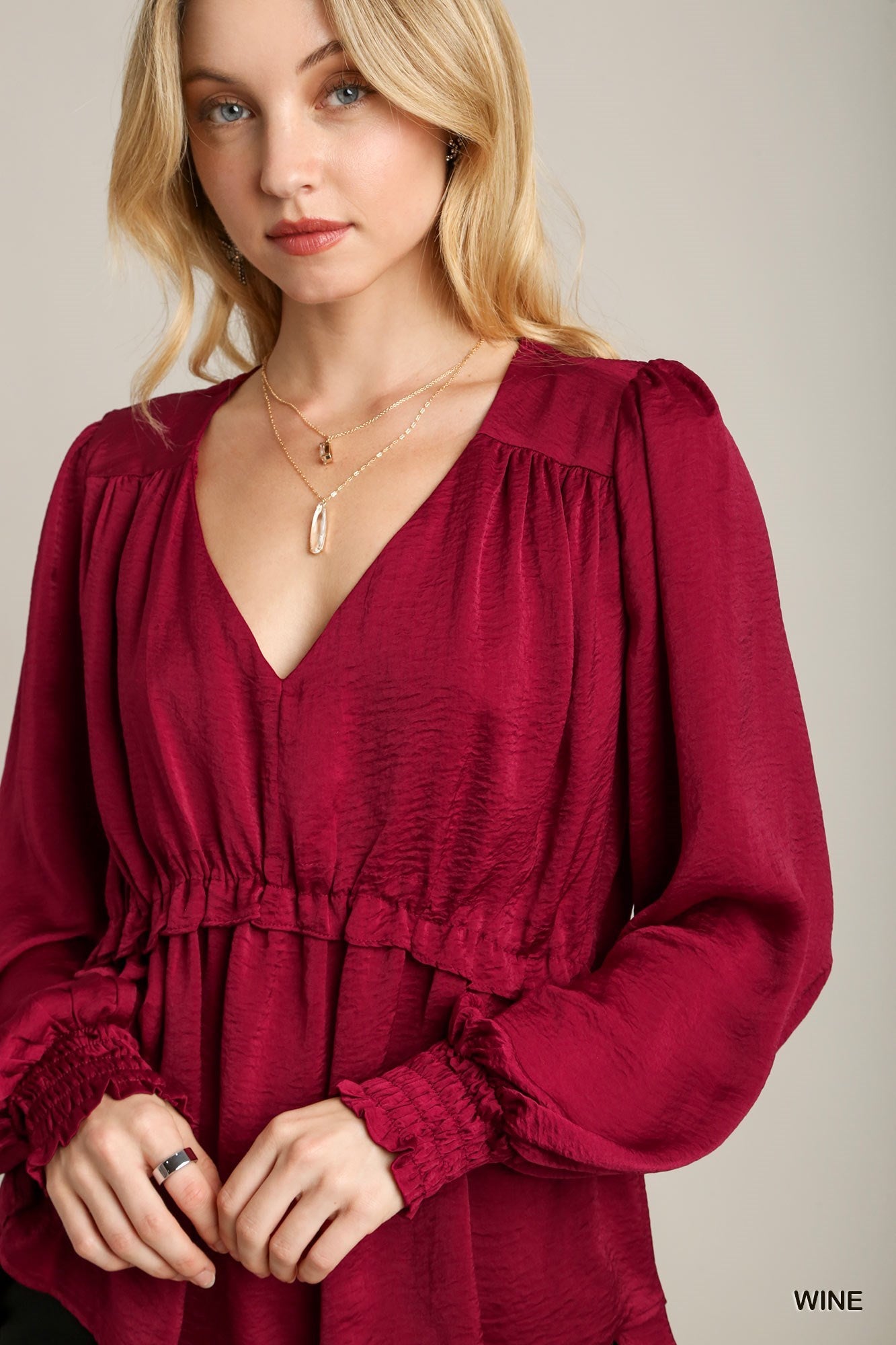 Satin V-neck Ruffle Baby Doll Top With Cuffed Long Sleeve-Product Type | Naughty Smile Fashion