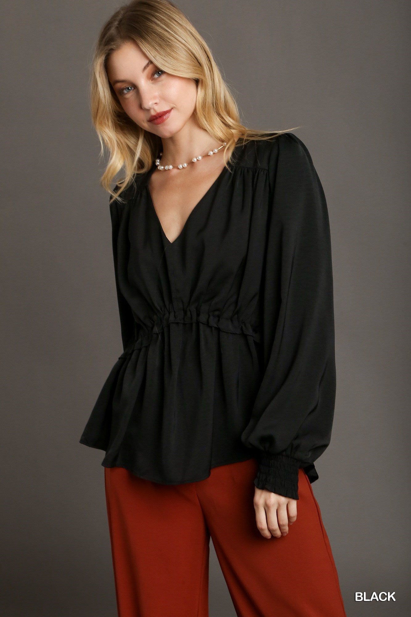 Satin V-neck Ruffle Baby Doll Top With Cuffed Long Sleeve-Product Type | Naughty Smile Fashion