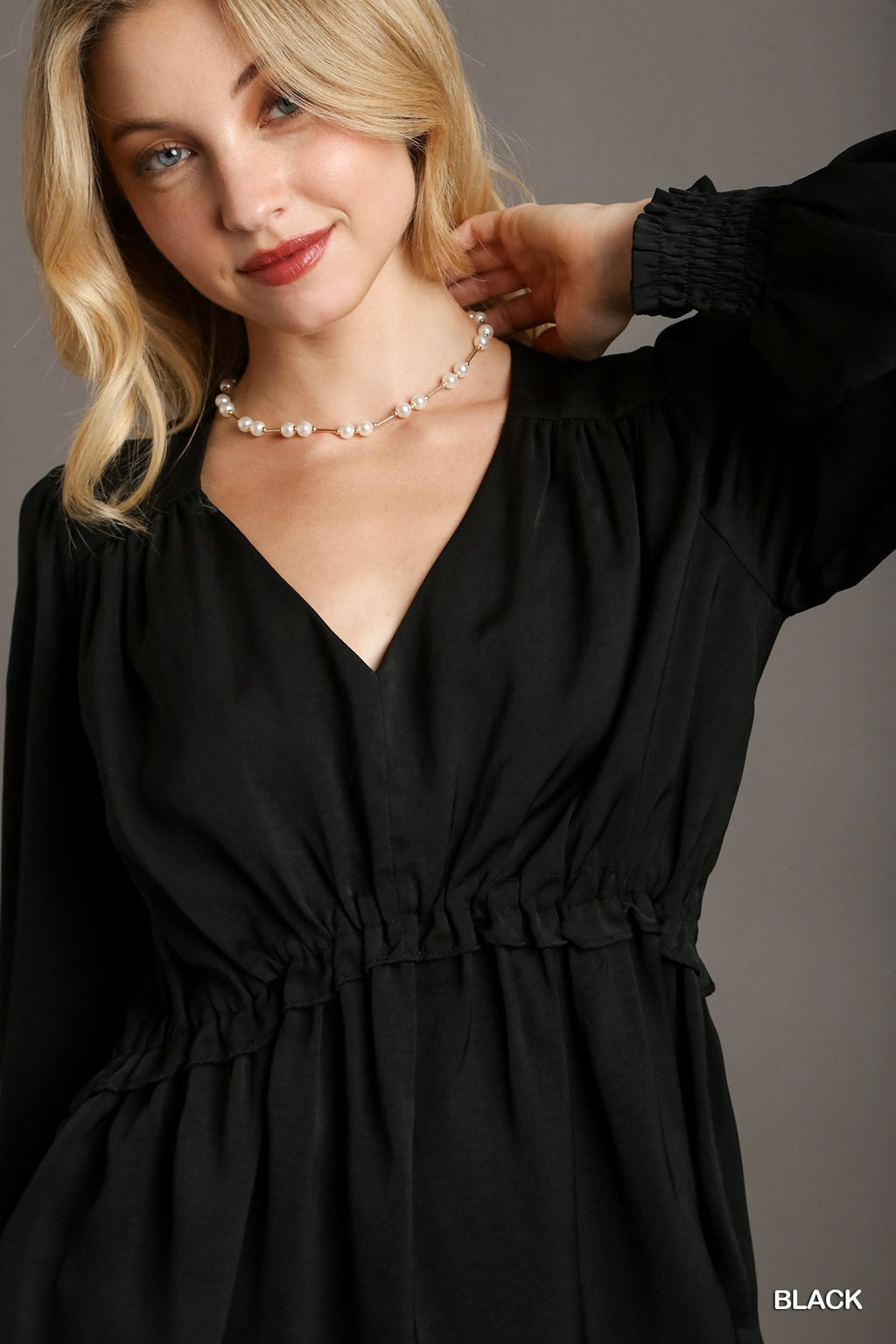 Satin V-neck Ruffle Baby Doll Top With Cuffed Long Sleeve-Product Type | Naughty Smile Fashion