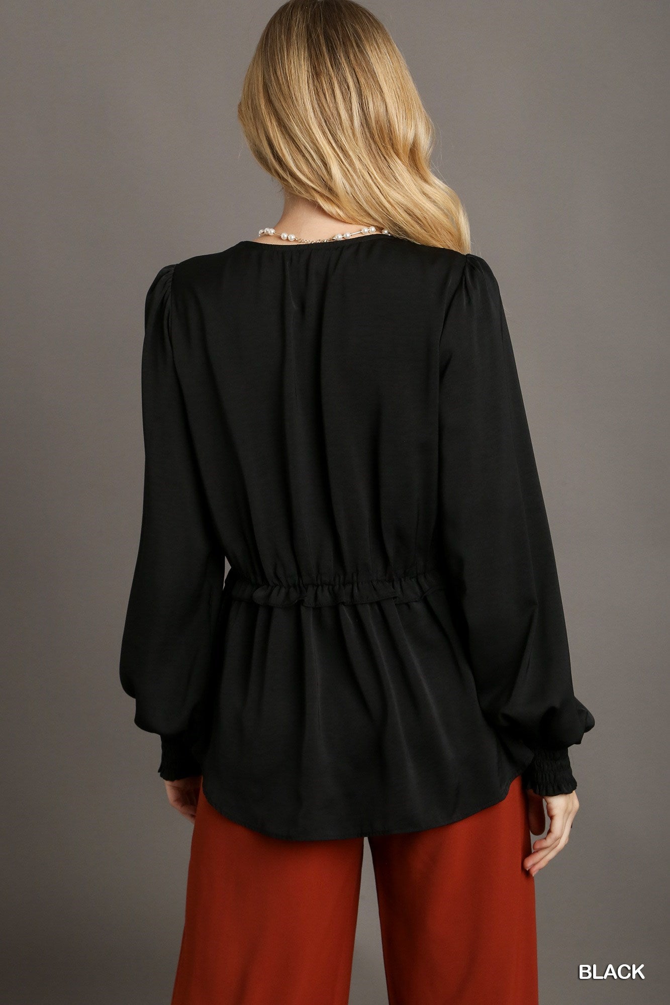 Satin V-neck Ruffle Baby Doll Top With Cuffed Long Sleeve-Product Type | Naughty Smile Fashion