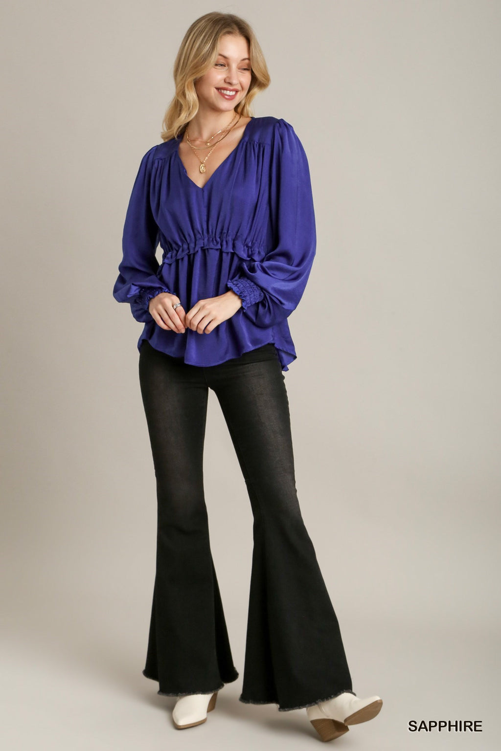 Satin V-neck Ruffle Baby Doll Top With Cuffed Long Sleeve-Product Type | Naughty Smile Fashion