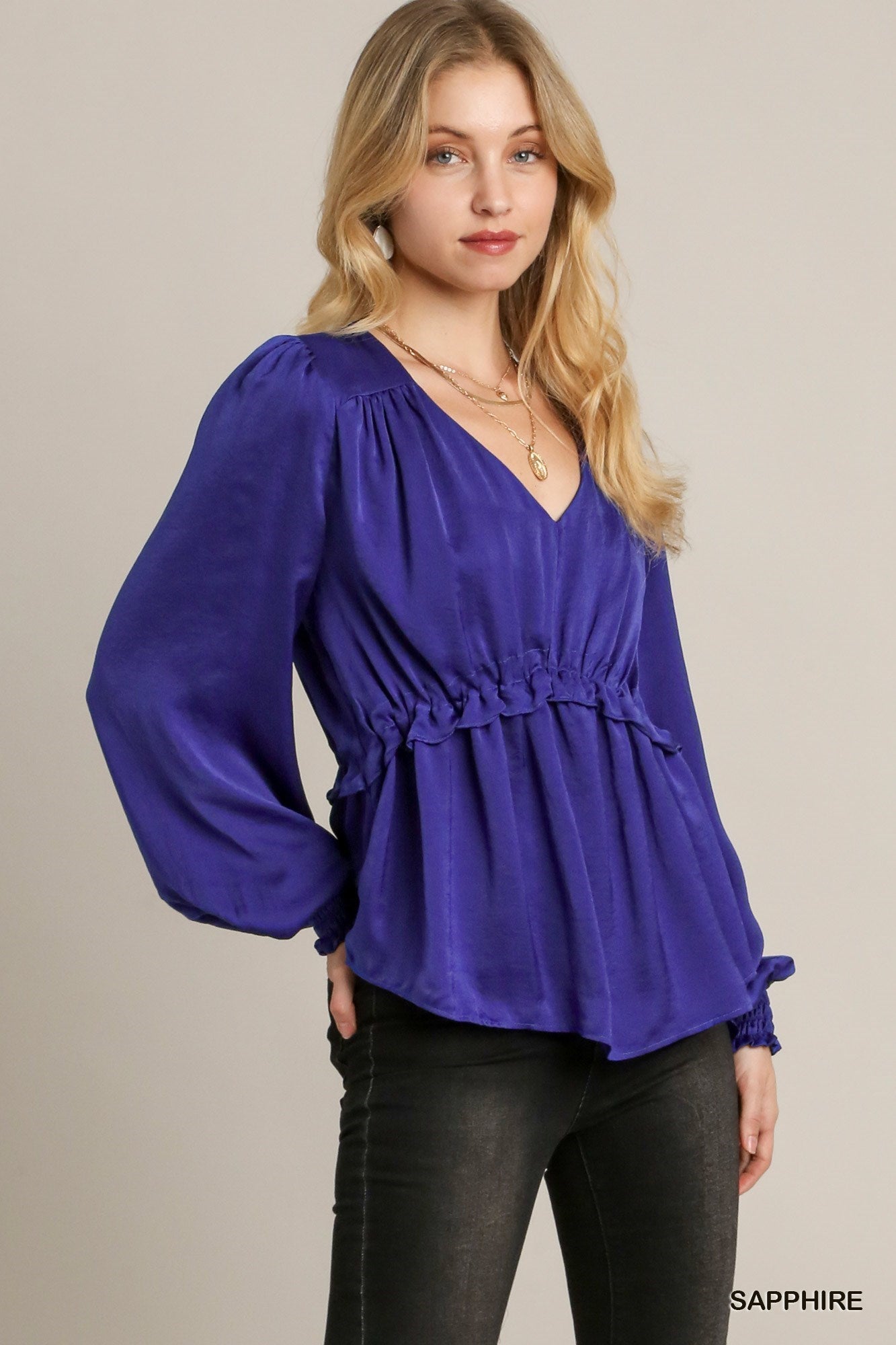 Satin V-neck Ruffle Baby Doll Top With Cuffed Long Sleeve-Product Type | Naughty Smile Fashion