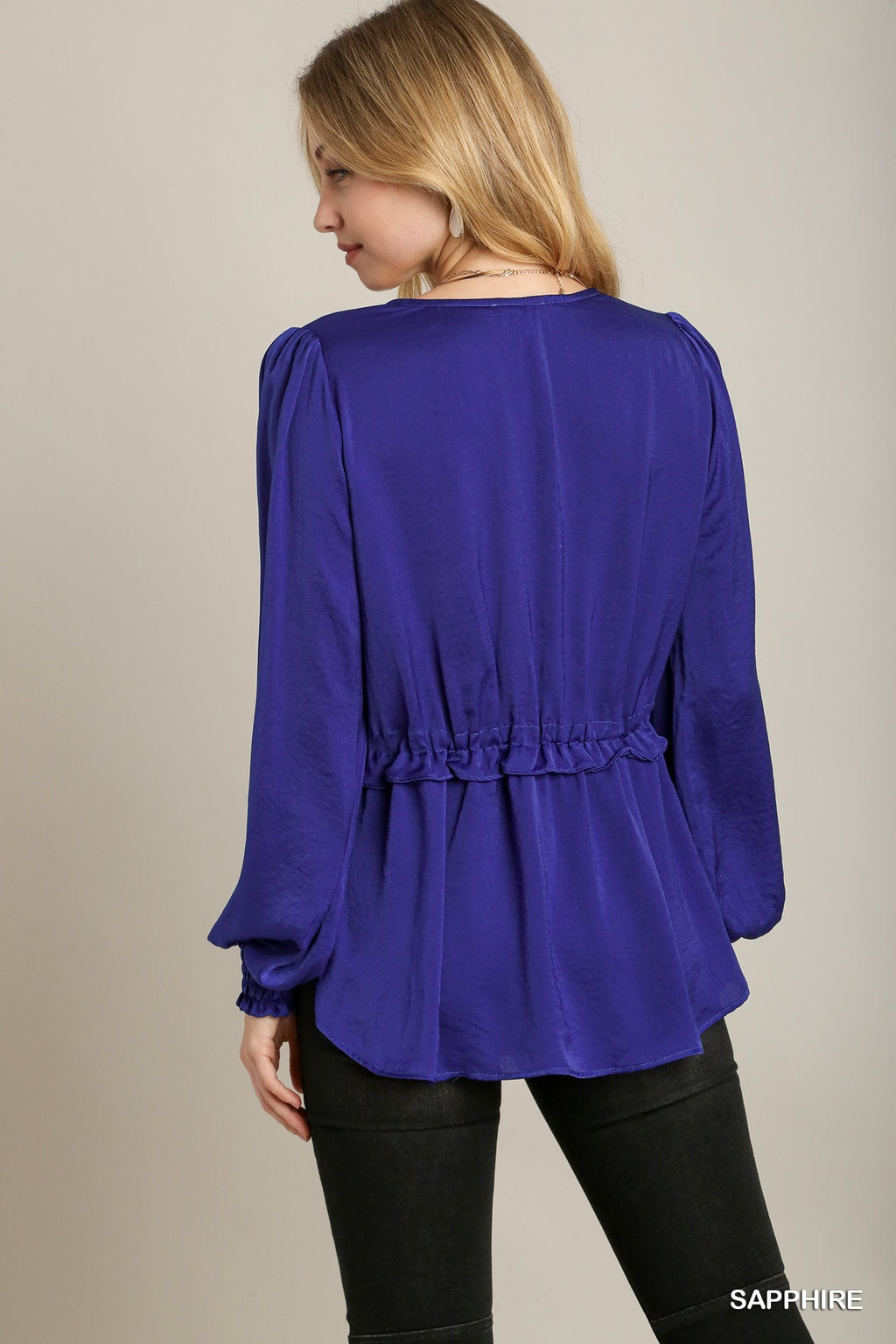 Satin V-neck Ruffle Baby Doll Top With Cuffed Long Sleeve-Product Type | Naughty Smile Fashion