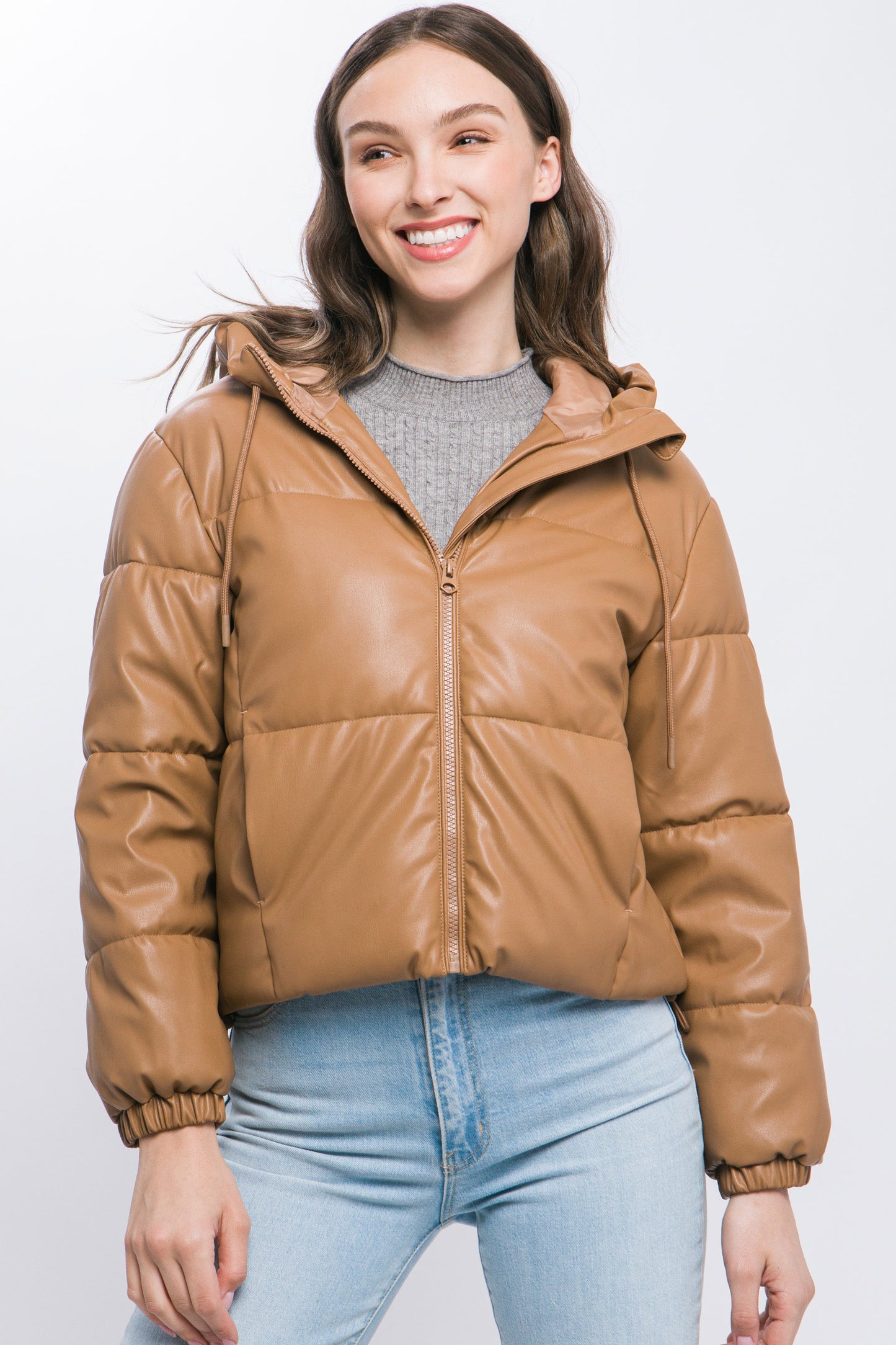 Sale - Pu Faux Leather Zipper Hooded Puffer Jacket – On Sale Now