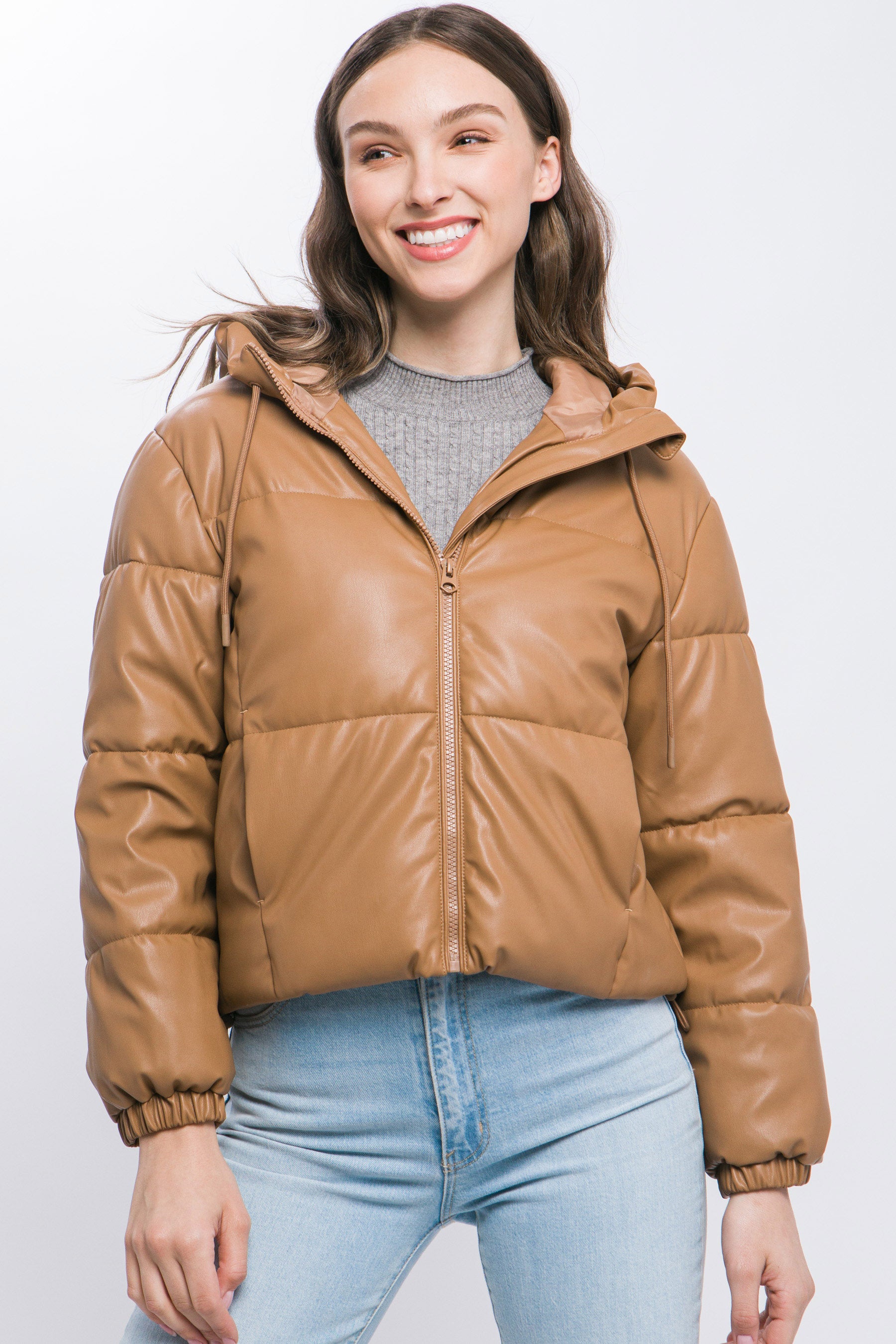 Sale - Pu Faux Leather Zipper Hooded Puffer Jacket – On Sale Now