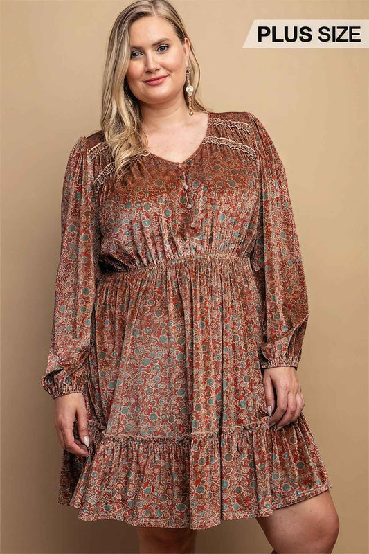 Plus Size Printed Velvet V-neck Dress With Button Front Detail – Stylish & Comfortable – men’s fashion, stylish and versatile