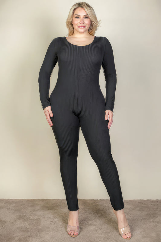 Plus Size Ribbed Scoop Neck Long Sleeve Jumpsuit – Stylish & Comfortable – men’s fashion, stylish and versatile