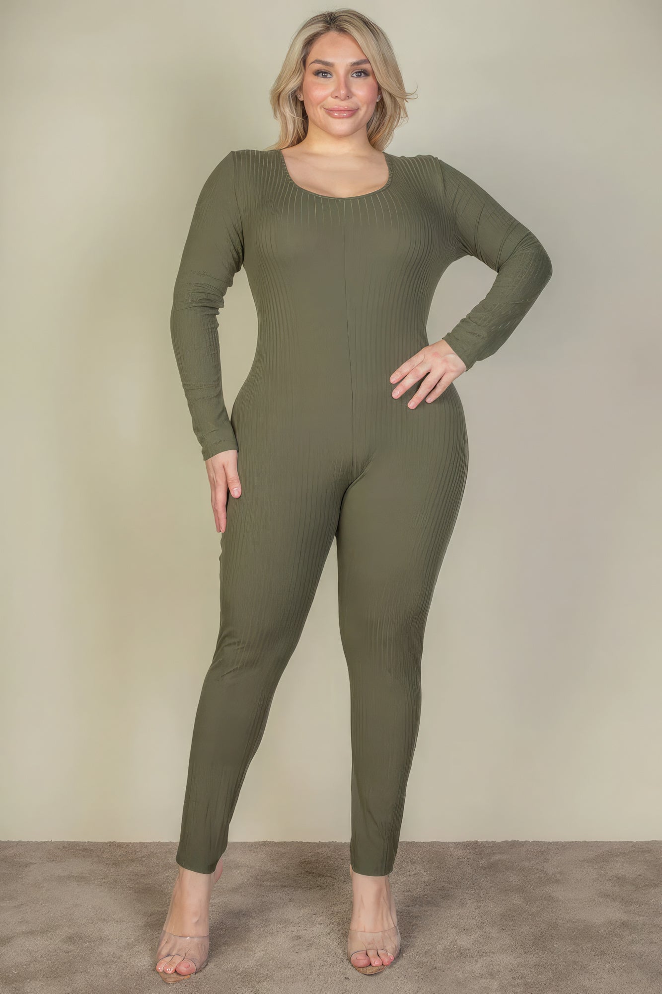 Plus Size Ribbed Scoop Neck Long Sleeve Jumpsuit – Stylish & Comfortable – men’s fashion, stylish and versatile