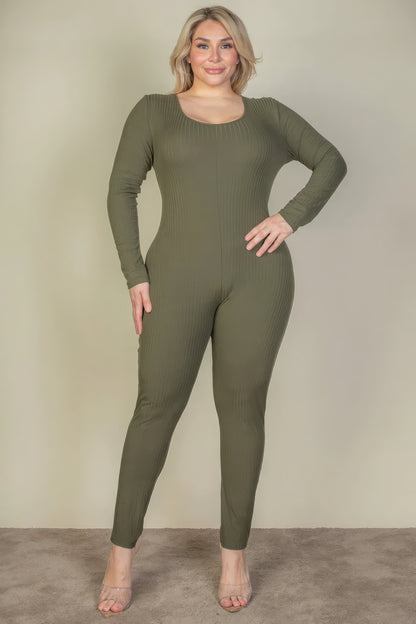 Plus Size Ribbed Scoop Neck Long Sleeve Jumpsuit – Stylish & Comfortable – men’s fashion, stylish and versatile