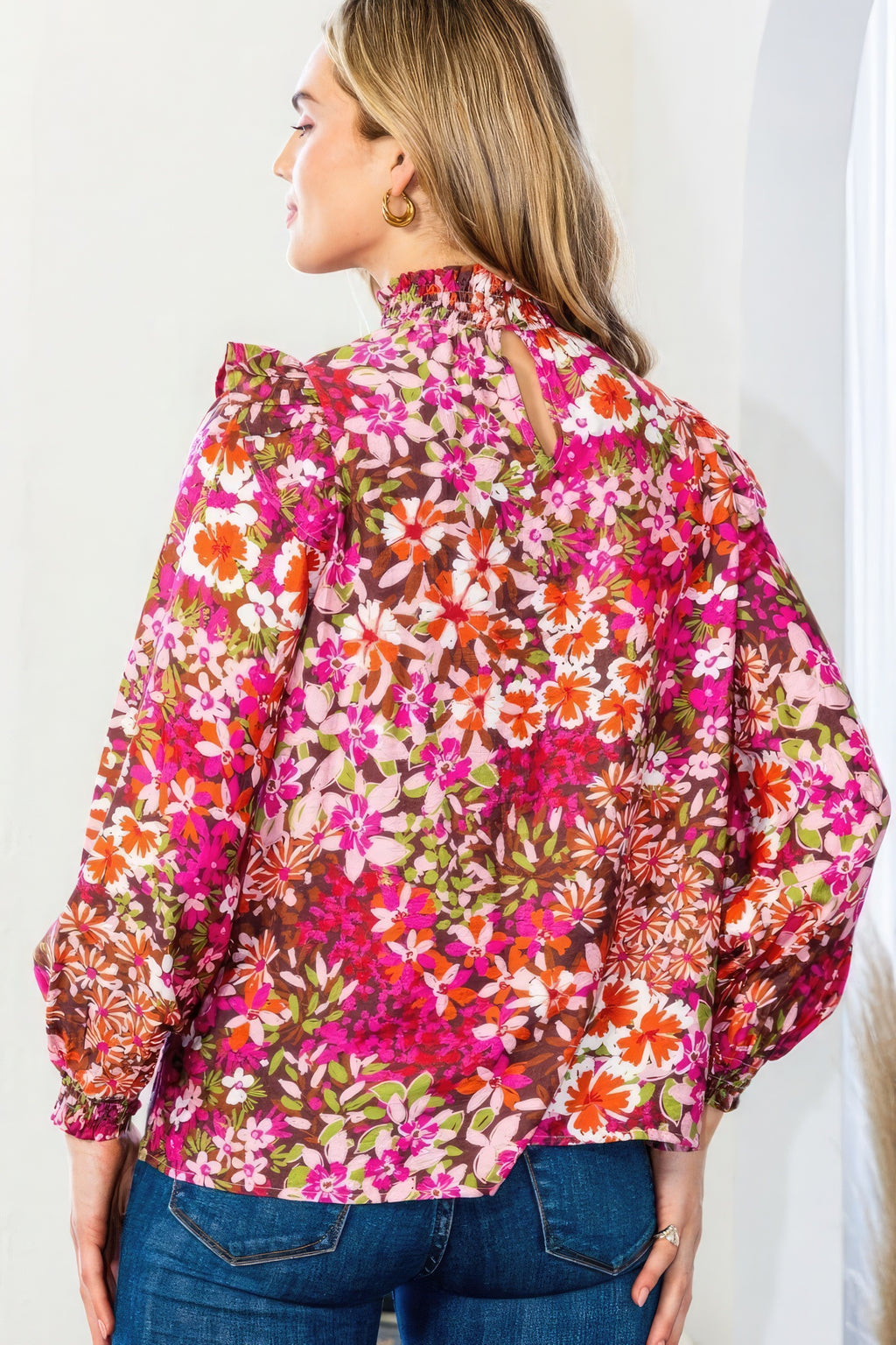 Floral Mock Neck Smocked Yoke Blouse-Product Type | Naughty Smile Fashion