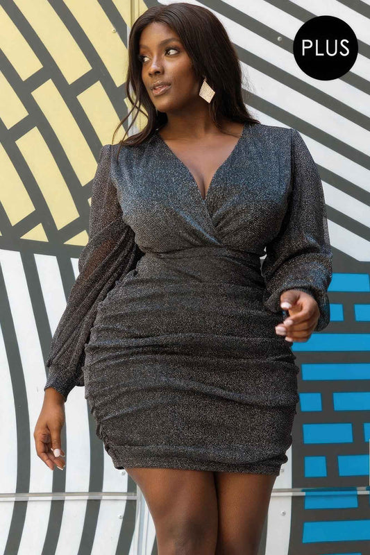 Plus Size Glitter Mesh Shirring Side Plus Mini Dress – Stylish & Comfortable – men’s fashion, stylish and versatile