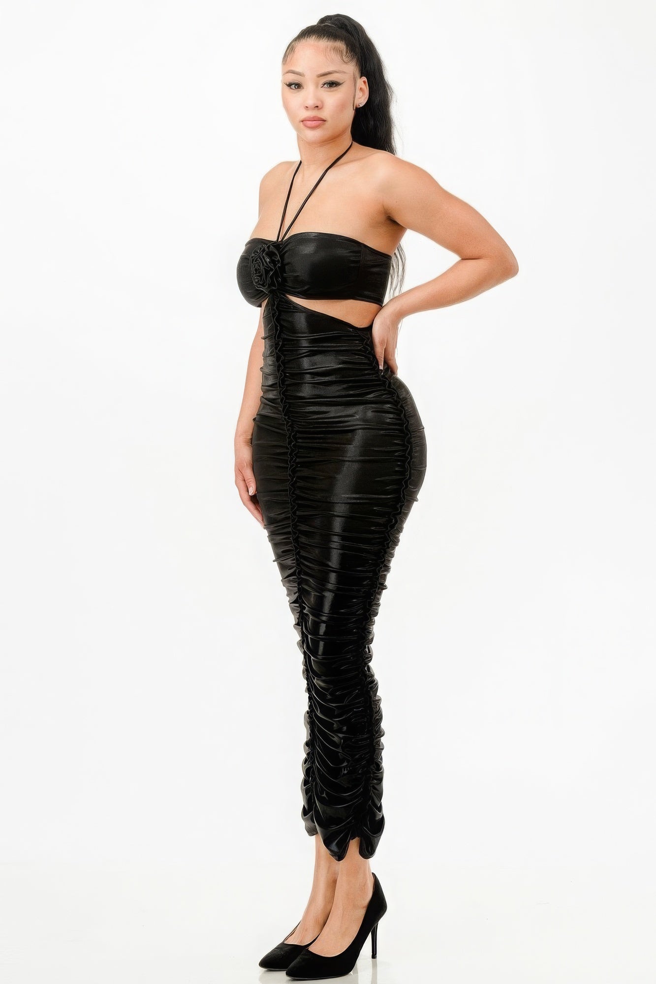 Metallic Rushed Halter Dress-Product Type | Naughty Smile Fashion