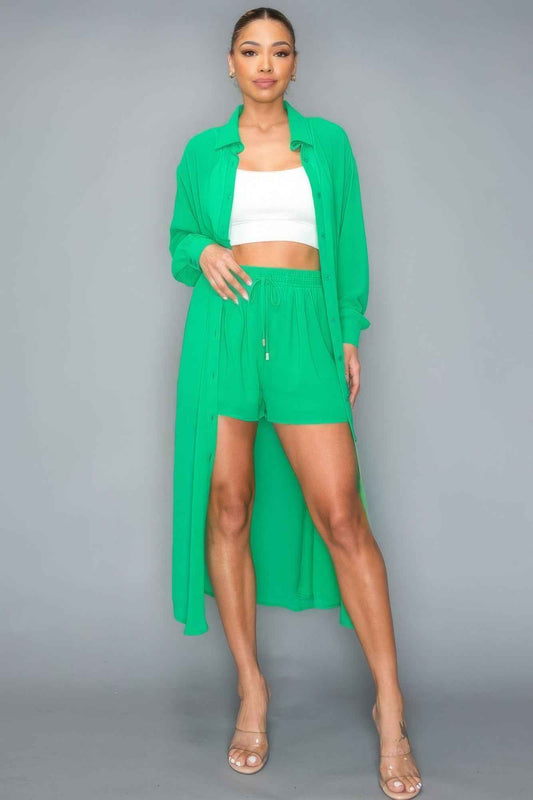 Sale - Chiffon Button Down Long Sleeve Side Slit Long Top With Short Set – On Sale Now