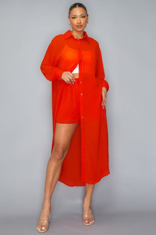 Sale - Chiffon Button Down Long Sleeve Side Slit Long Top With Short Set – On Sale Now