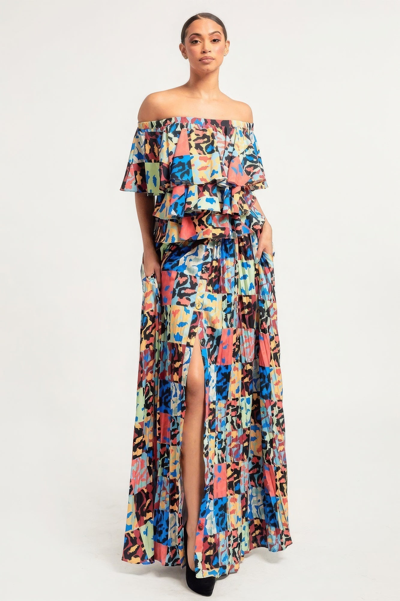 Sale - Printed Ruffle Top Skirt Set with Pleated Skirt – On Sale Now