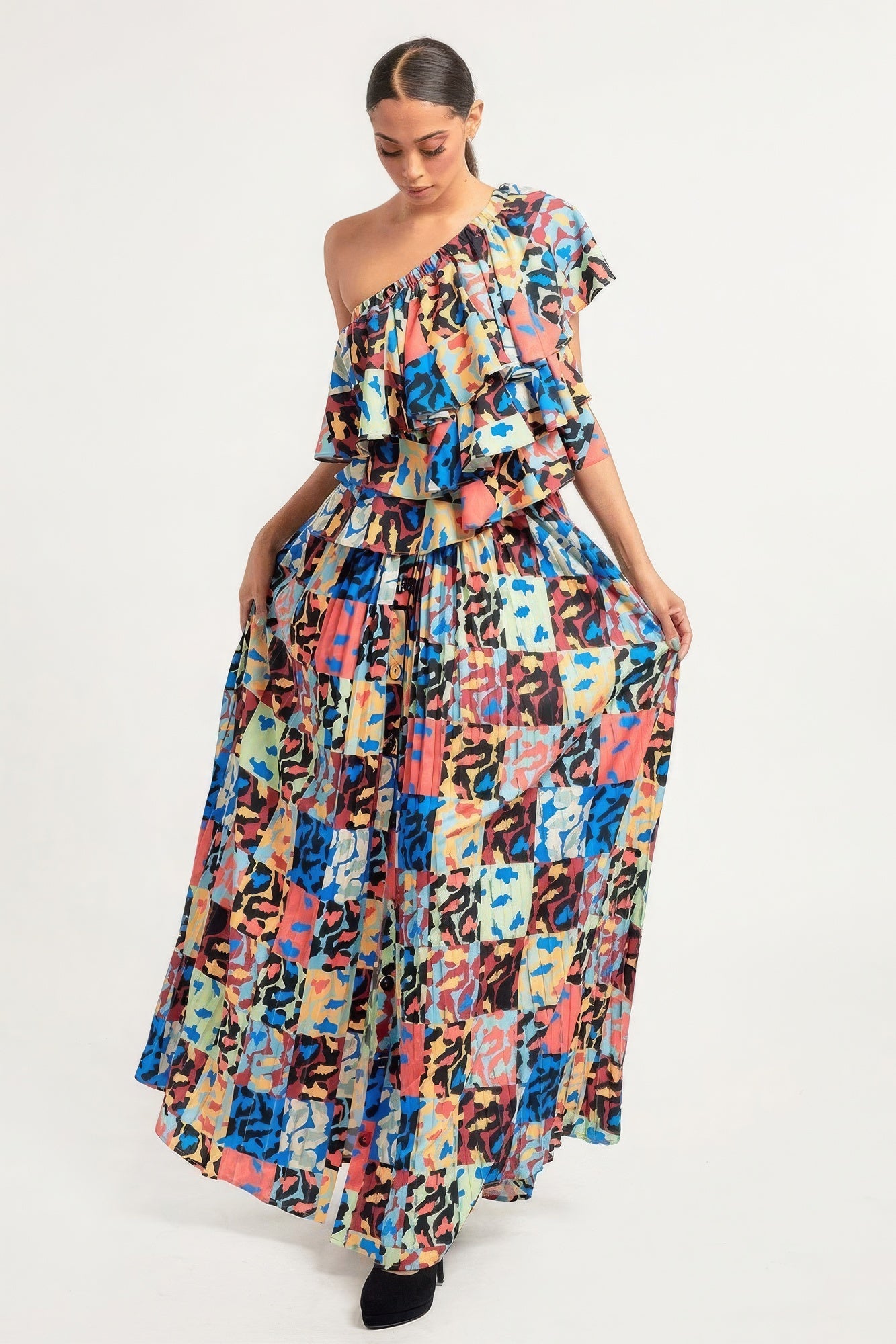 Printed Ruffle Top And Pleated Skirt Set-Product Type | Naughty Smile Fashion