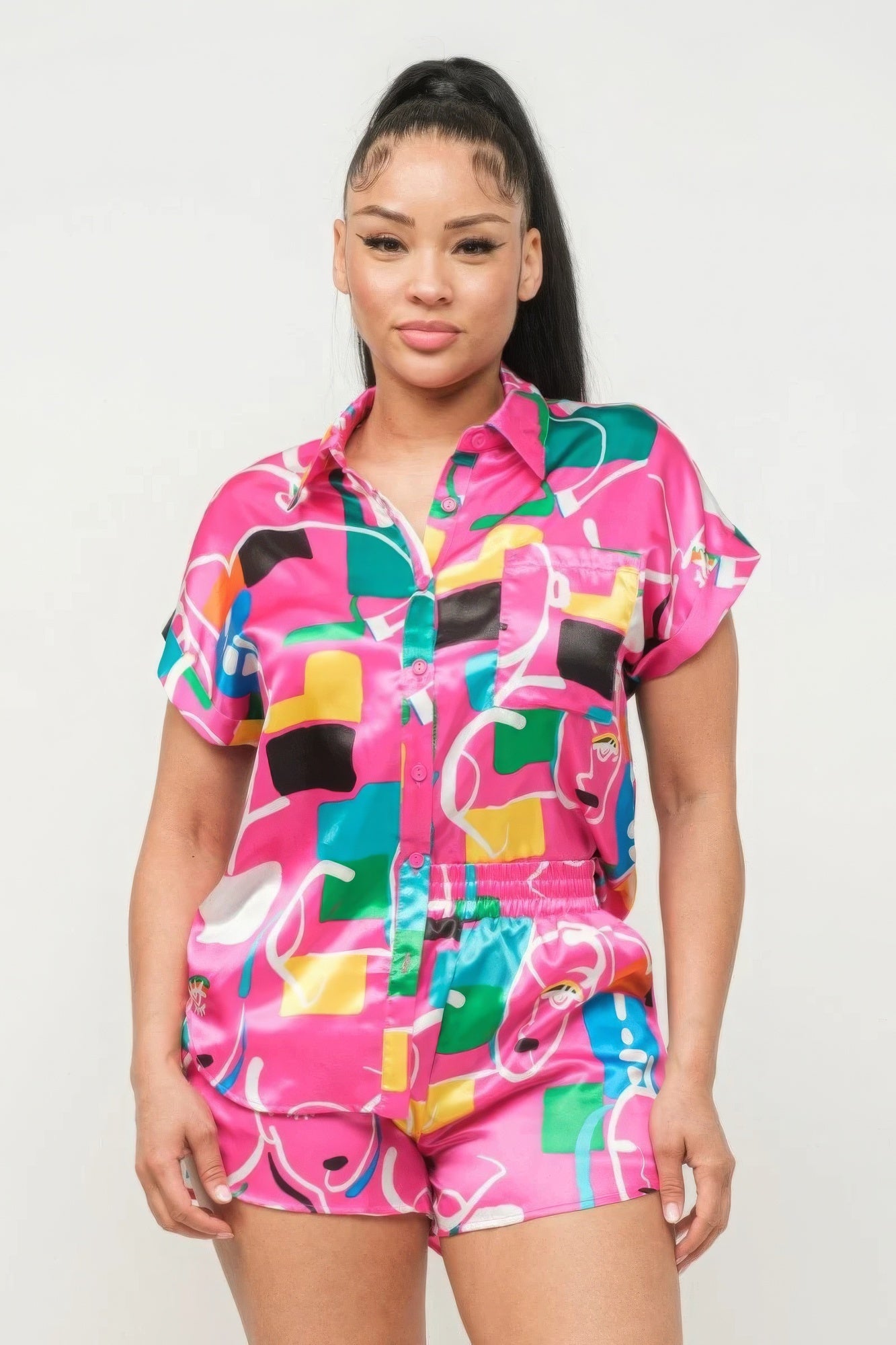 Satin Dolman Print Button Down Top And Shorts Set-Product Type | Naughty Smile Fashion