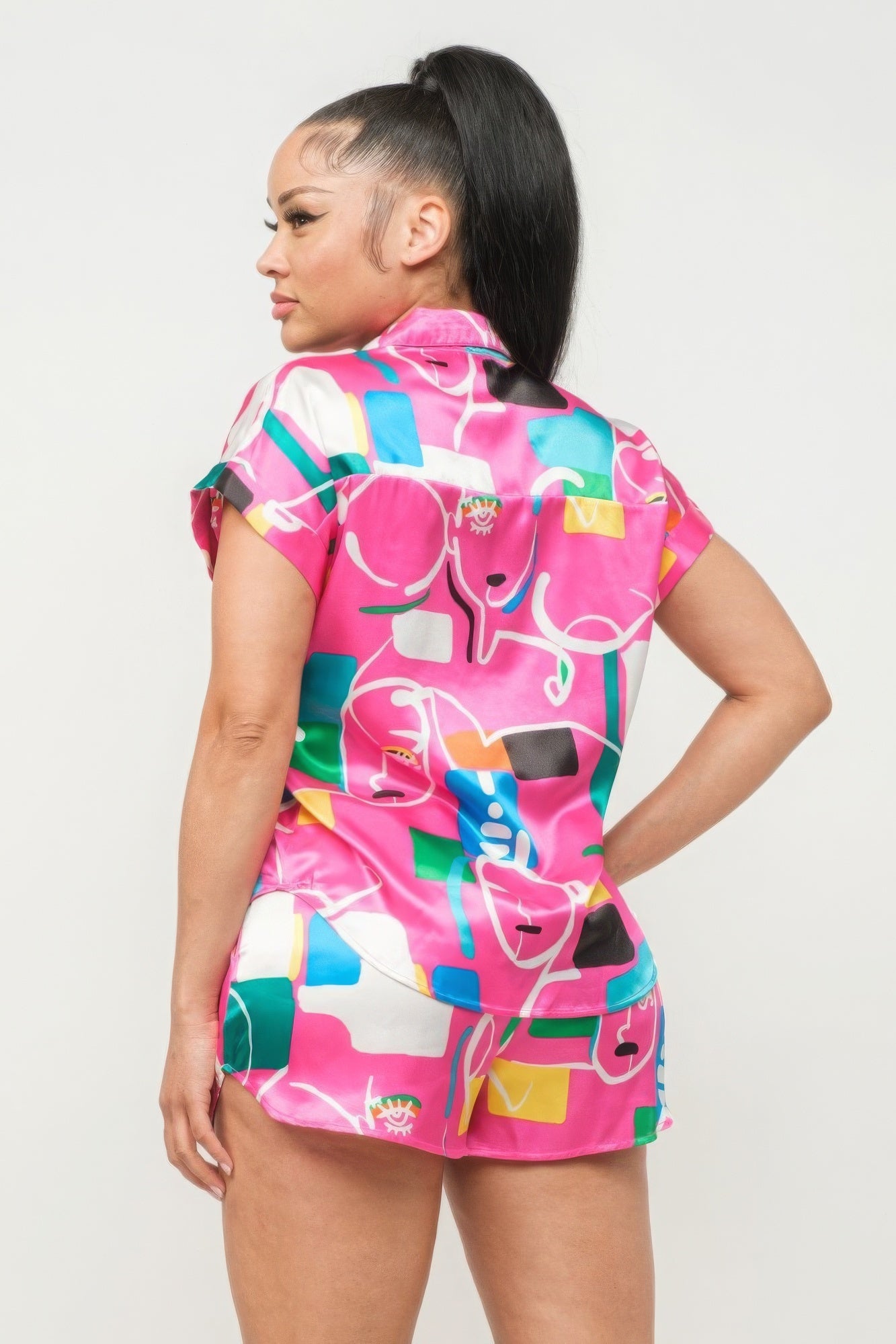 Satin Dolman Print Button Down Top And Shorts Set-Product Type | Naughty Smile Fashion