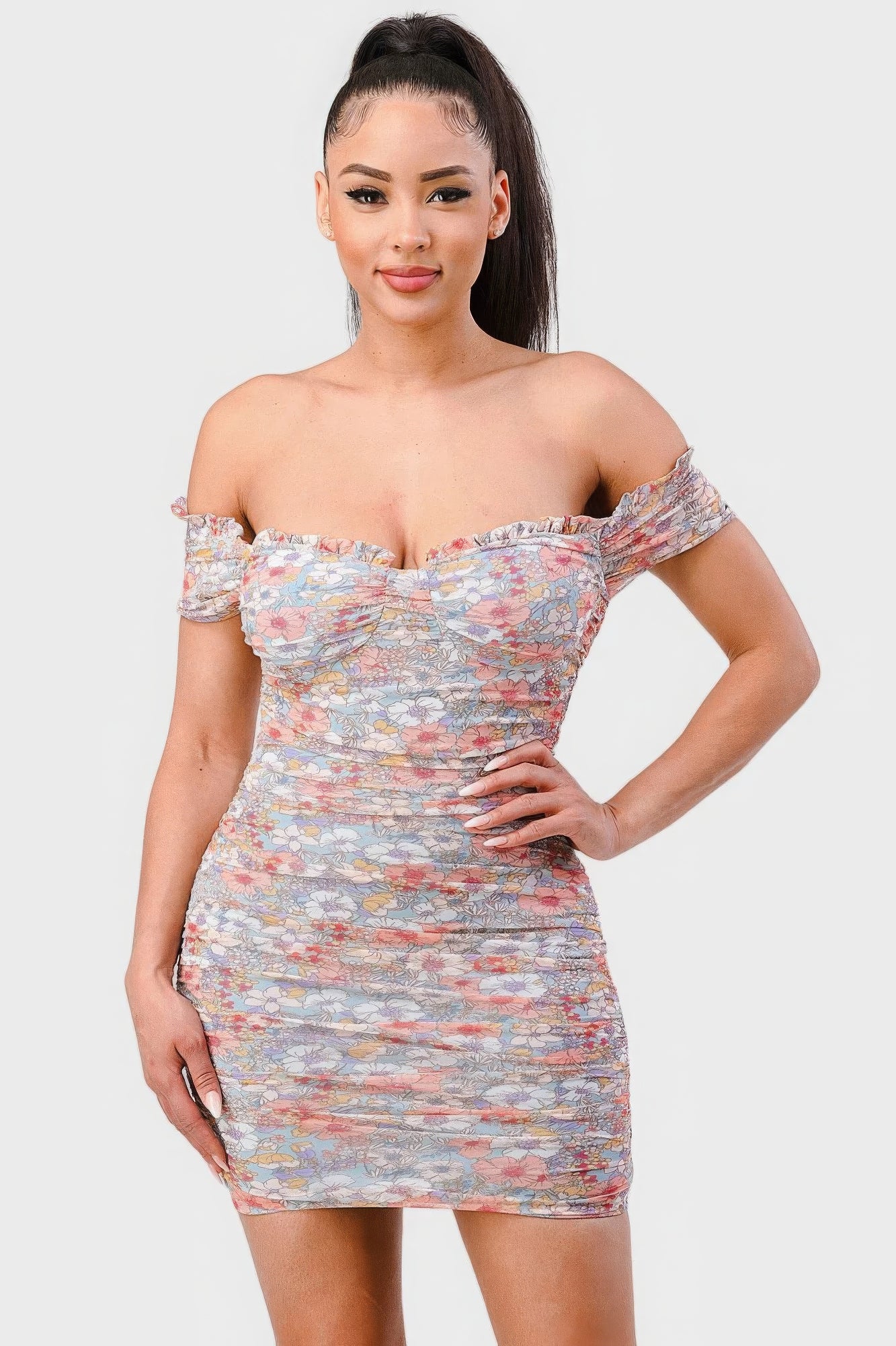Floral Print Mesh Sweetheart Ruffled Off Shoulder Ruched Mini Dress-Product Type | Naughty Smile Fashion
