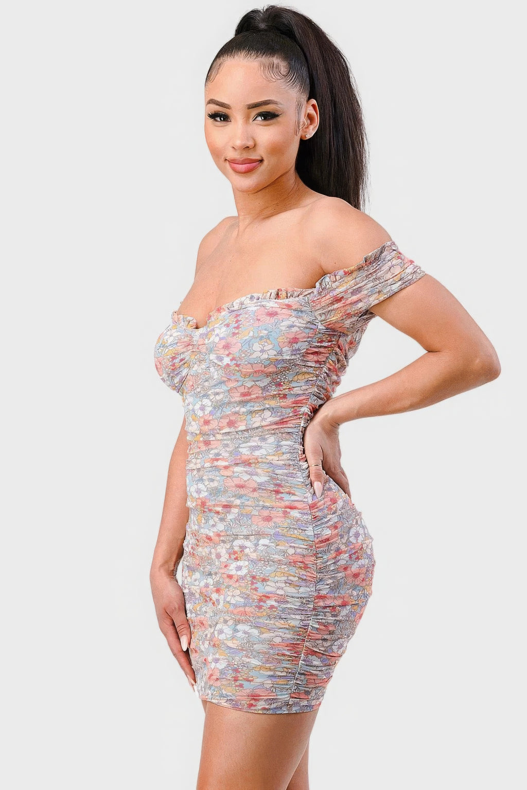Floral Print Mesh Sweetheart Ruffled Off Shoulder Ruched Mini Dress-Product Type | Naughty Smile Fashion