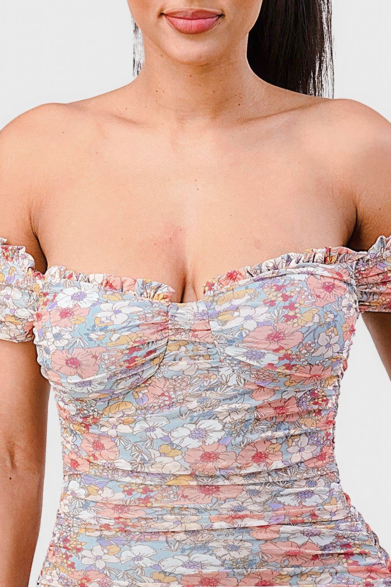 Floral Print Mesh Sweetheart Ruffled Off Shoulder Ruched Mini Dress-Product Type | Naughty Smile Fashion