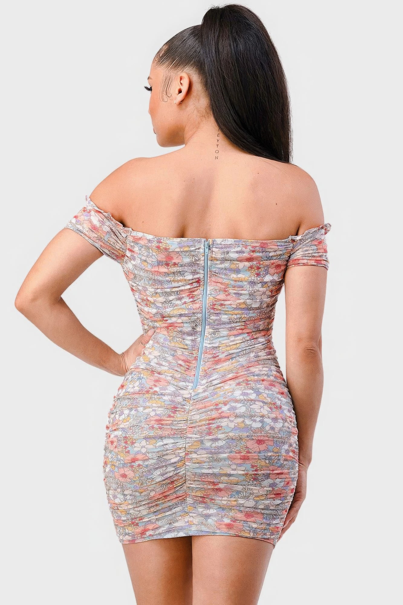 Floral Print Mesh Sweetheart Ruffled Off Shoulder Ruched Mini Dress-Product Type | Naughty Smile Fashion