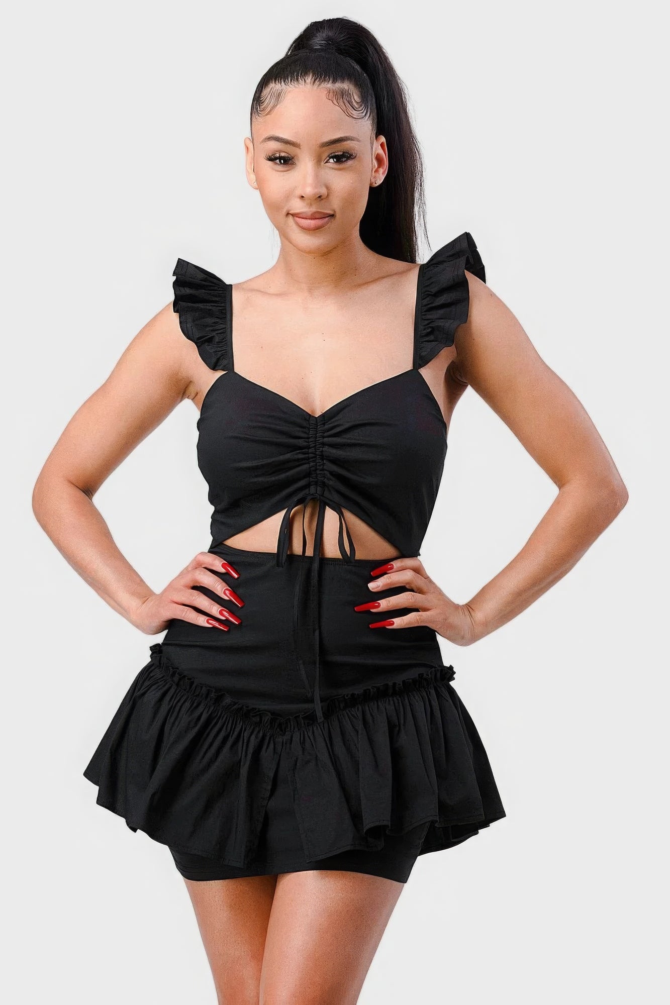 Sweetheart With Drawstring Bow Cutout Ruffled Flutter Sleeves Mini Dress-Product Type | Naughty Smile Fashion