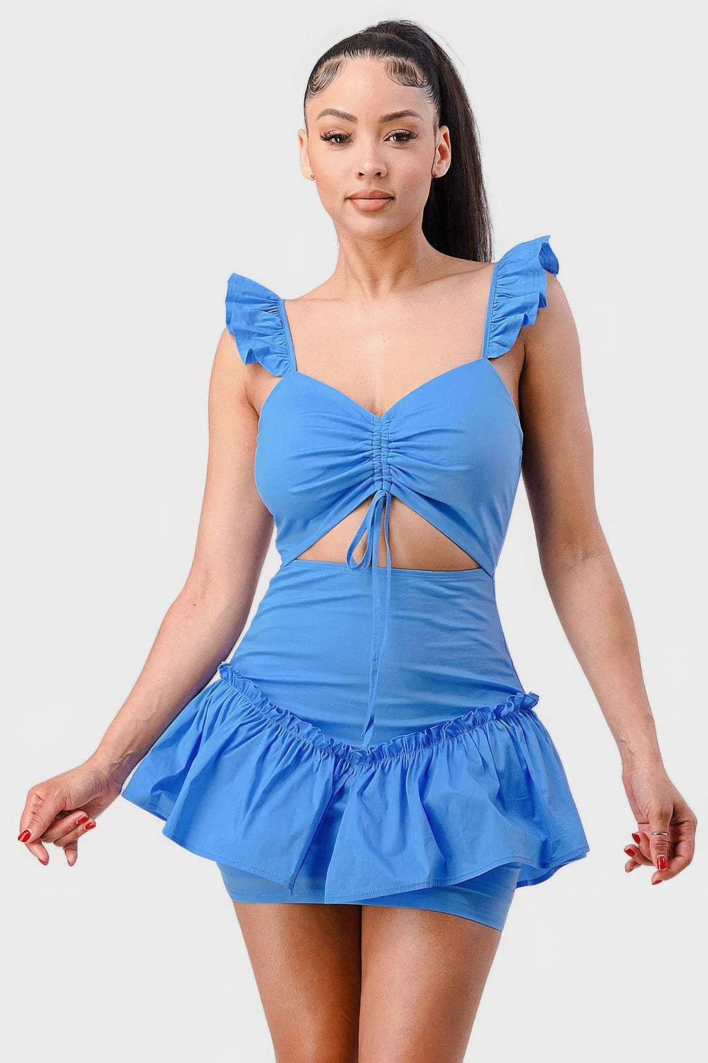 Sweetheart With Drawstring Bow Cutout Ruffled Flutter Sleeves Mini Dress-Product Type | Naughty Smile Fashion