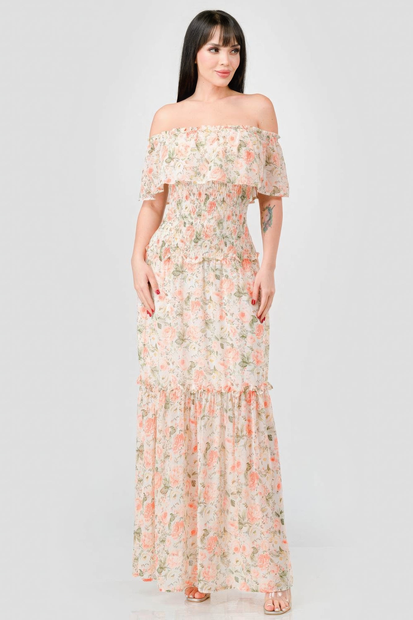 Floral Chiffon Off Shoulder Smocked Back Ruffled Tiered Maxi Dress-Product Type | Naughty Smile Fashion