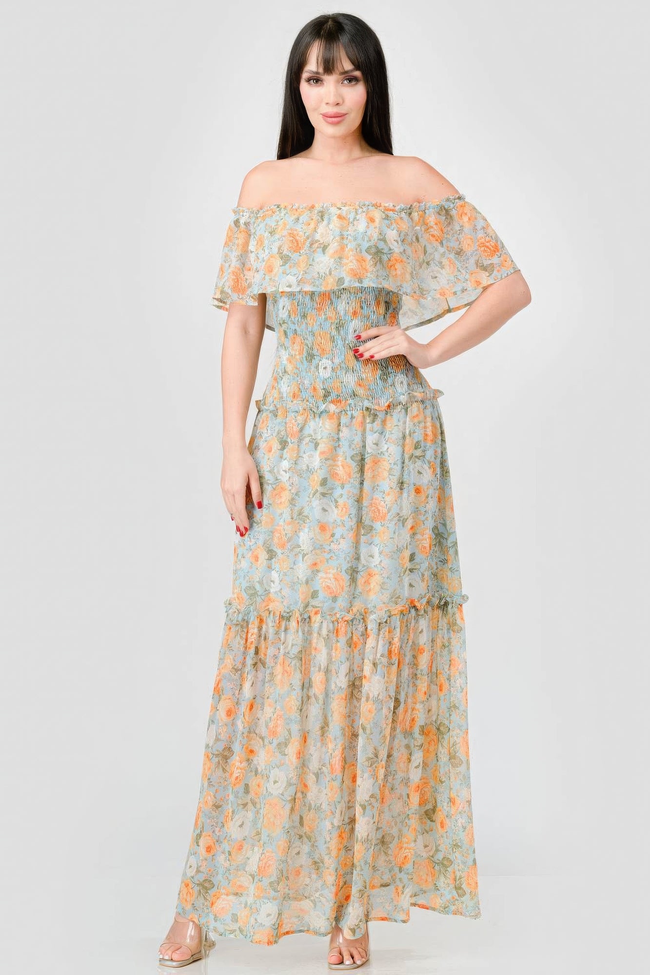 Sale - Floral Chiffon Off Shoulder Smocked Back Ruffled Tiered Maxi Dress – On Sale Now