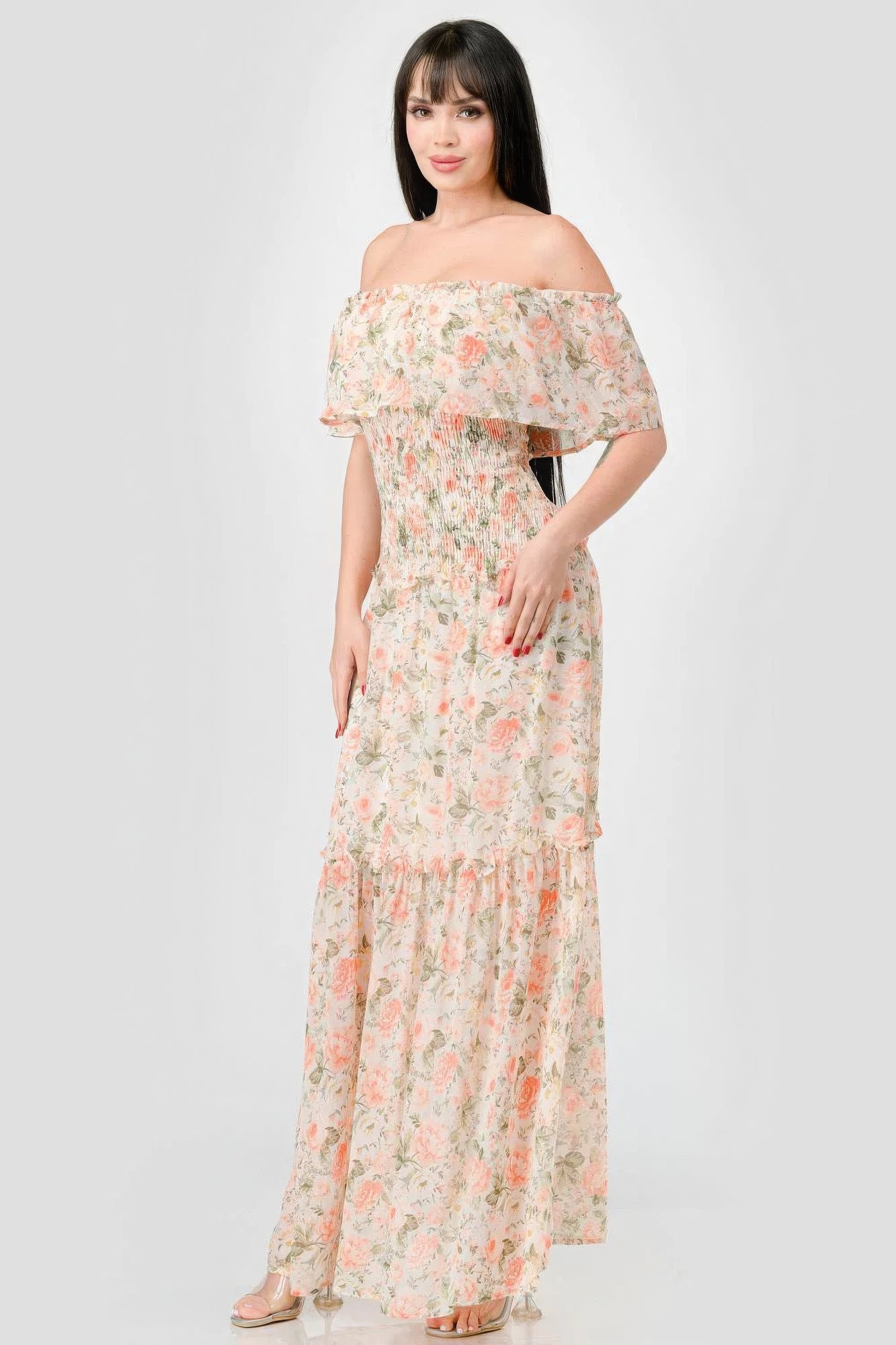 Floral Chiffon Off Shoulder Smocked Back Ruffled Tiered Maxi Dress-Product Type | Naughty Smile Fashion