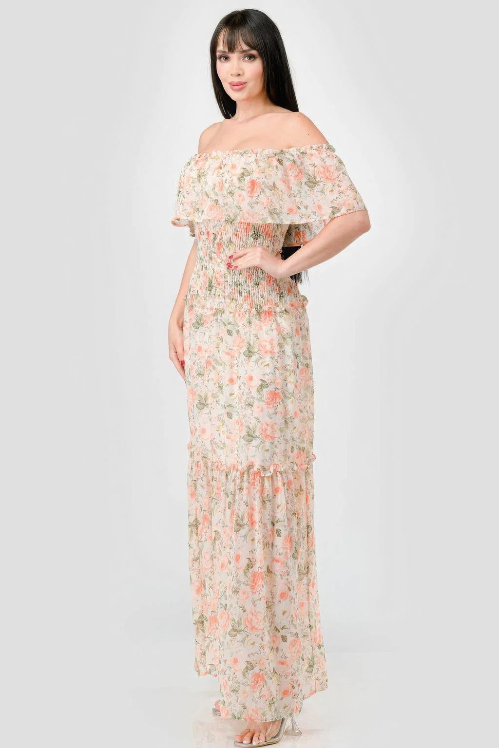 Floral Chiffon Off Shoulder Smocked Back Ruffled Tiered Maxi Dress-Product Type | Naughty Smile Fashion