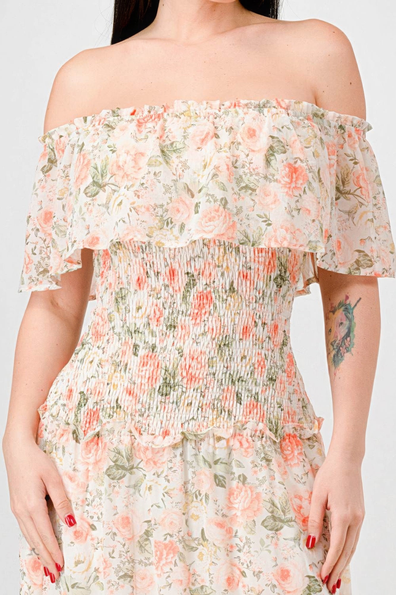 Floral Chiffon Off Shoulder Smocked Back Ruffled Tiered Maxi Dress-Product Type | Naughty Smile Fashion
