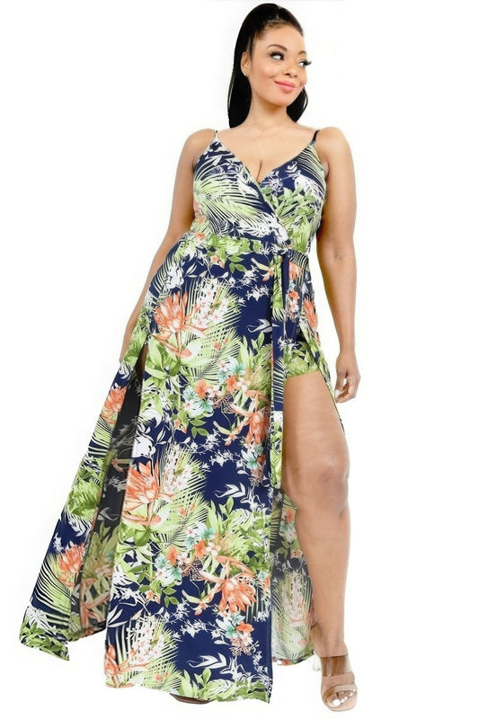 Plus Size Plus Tropical Leaf Print Surplice Maxi Dress – Stylish & Comfortable – men’s fashion, stylish and versatile